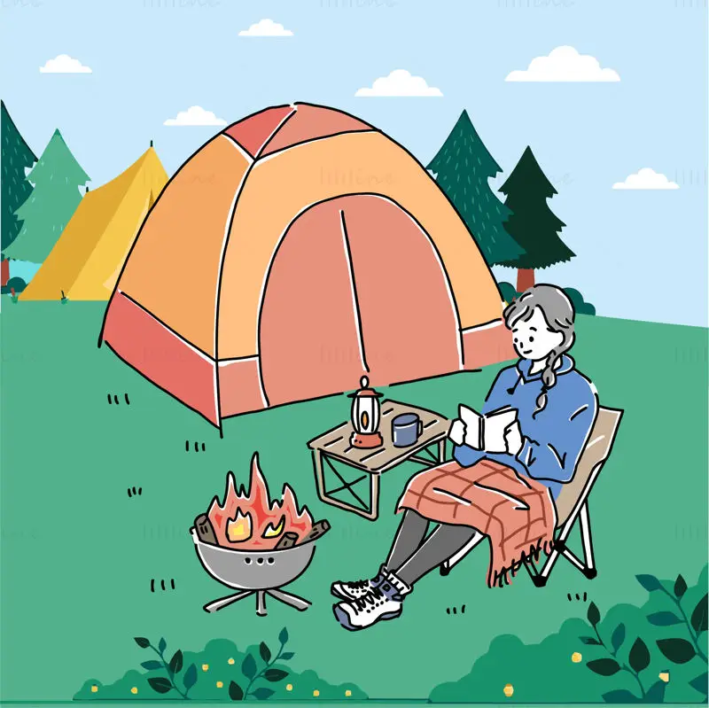 Cartoon cute hand-painted style flat outdoor camping girl reading a book bonfire vector illustration