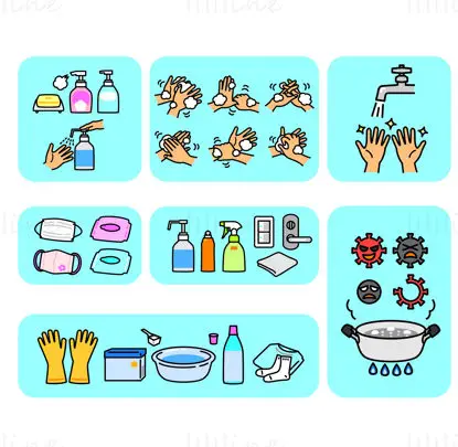Hand washing and disinfection steps vector design elements