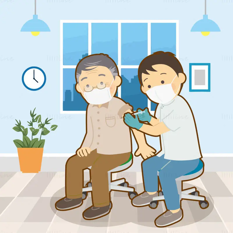 Doctor giving injection to elderly health care service medical vector design elements
