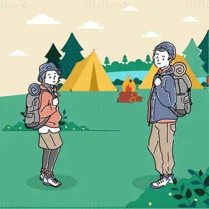 Boys and girls backpacking outdoor camping hiking vector illustration