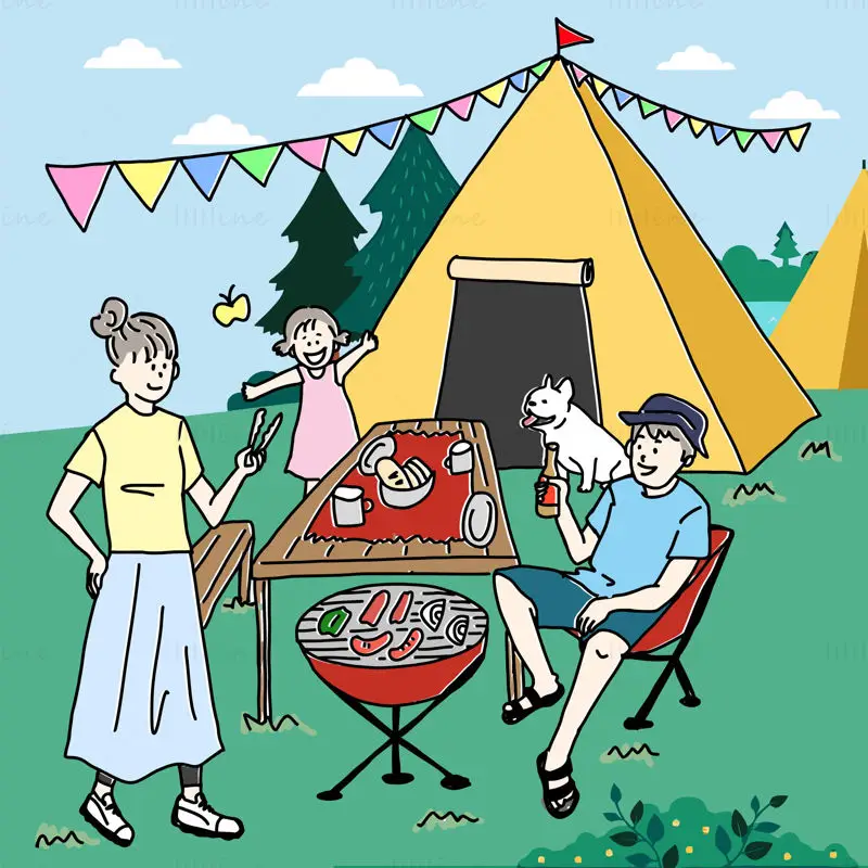 Familie în aer liber camping picnic grătar ilustrație vectorială