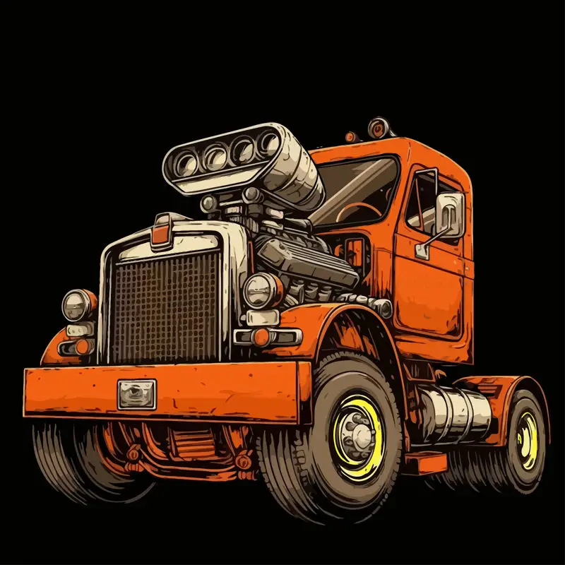 Machines automobiles orange camion plat conteneur camion illustration rétro modèle d'élément de vêtements vectoriels