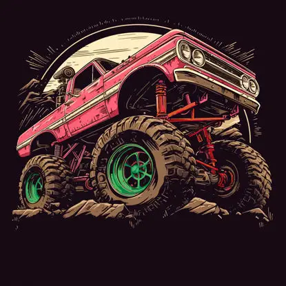 Monsterreifen, rotes amerikanisches Auto, Retro-Illustration, Kleidung, Vektorelement-Muster