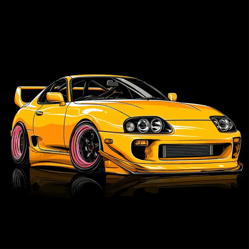 Yellow sports car with big tail wing retro illustration clothing vector element pattern