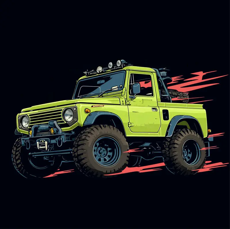 Groene kleine jeep off-road voertuig retro illustratie vector kleding element patroon