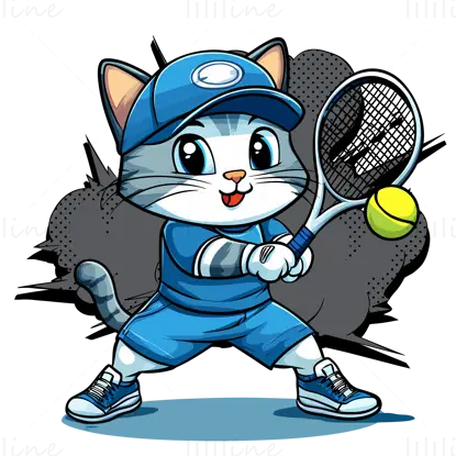 Cartoon cat playing tennis in blue shorts vector illustration