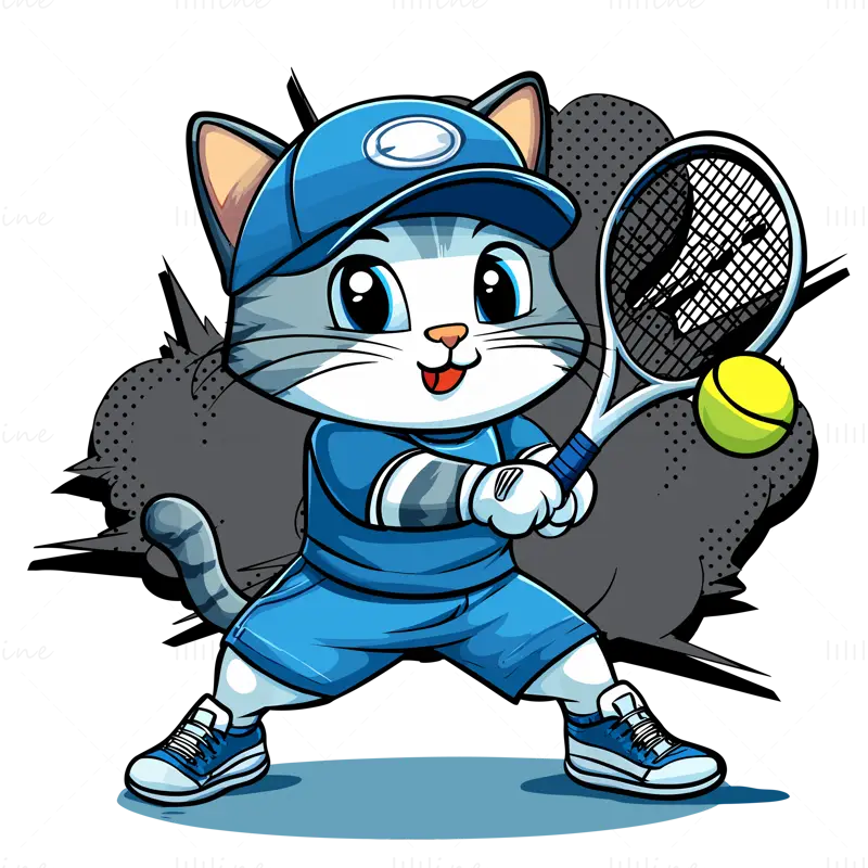 Cartoon cat playing tennis in blue shorts vector illustration