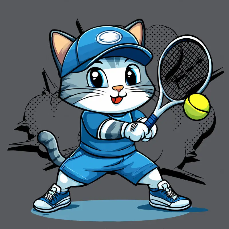 Cartoon cat playing tennis in blue shorts vector illustration