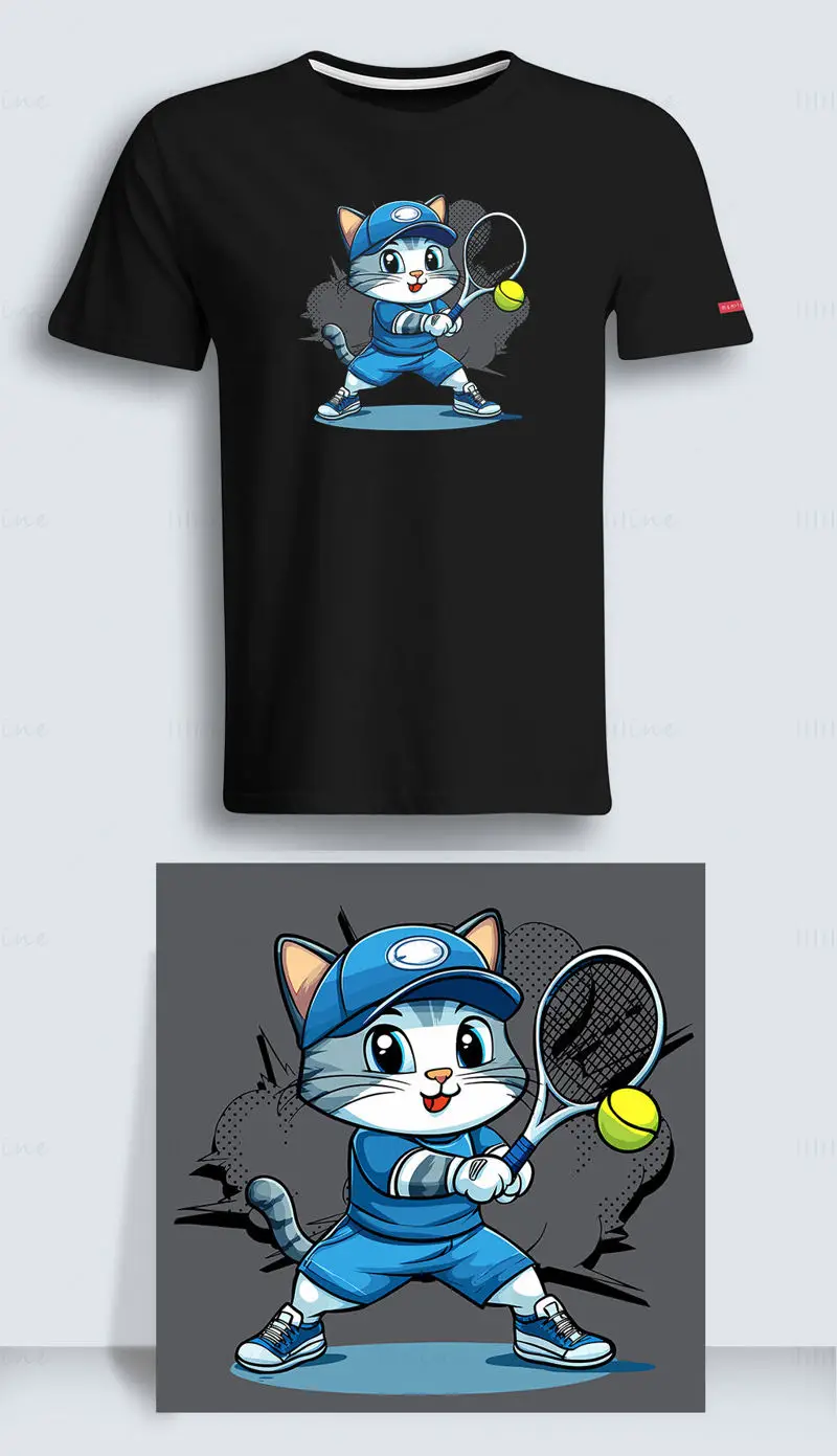 Cartoon cat playing tennis in blue shorts vector illustration