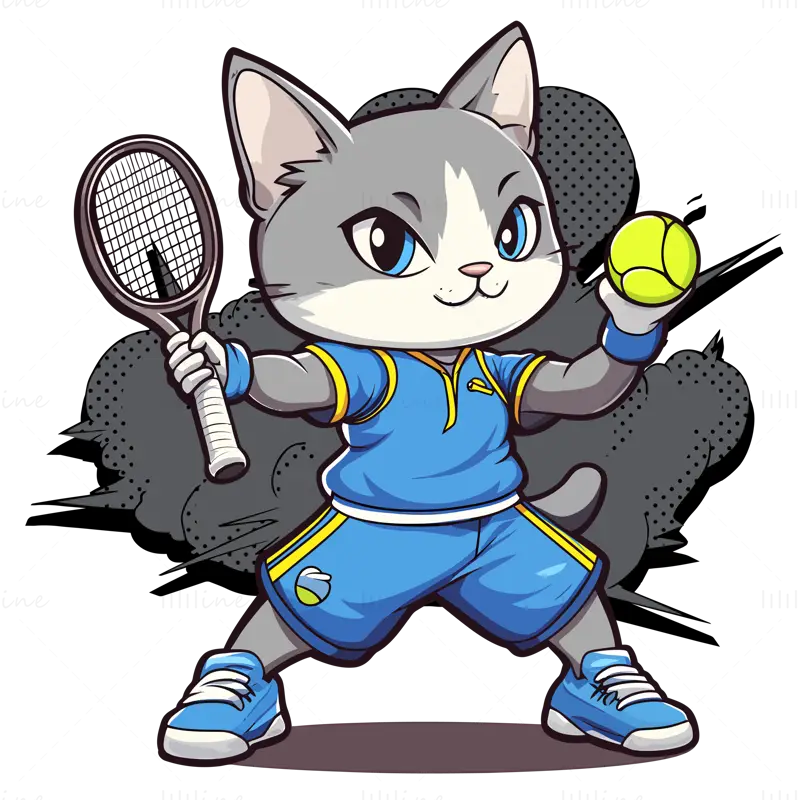 Cartoon female cat playing tennis in blue shorts yellow vector illustration