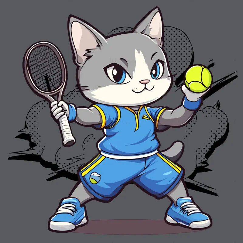 Cartoon female cat playing tennis in blue shorts yellow vector illustration