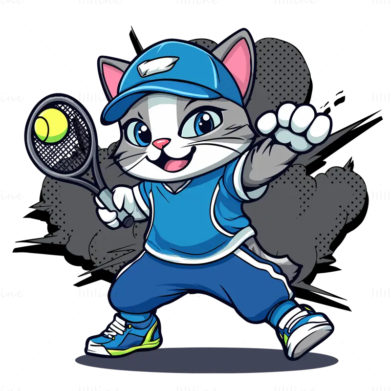 Cartoon cute cat playing tennis vector illustration