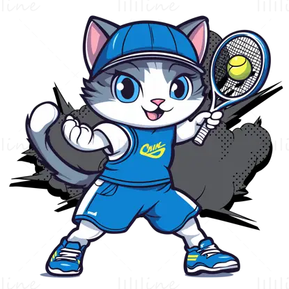 Cartoon cat playing tennis blue shorts hat pink ears vector illustration