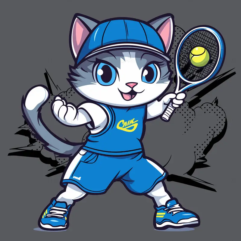 Cartoon cat playing tennis blue shorts hat pink ears vector illustration