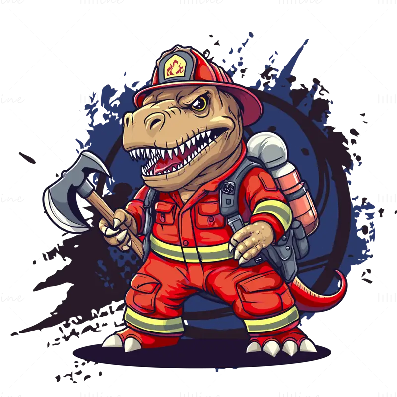 Cartoon strong tyrannosaurus dinosaur holding fire axe firefighter vector illustration