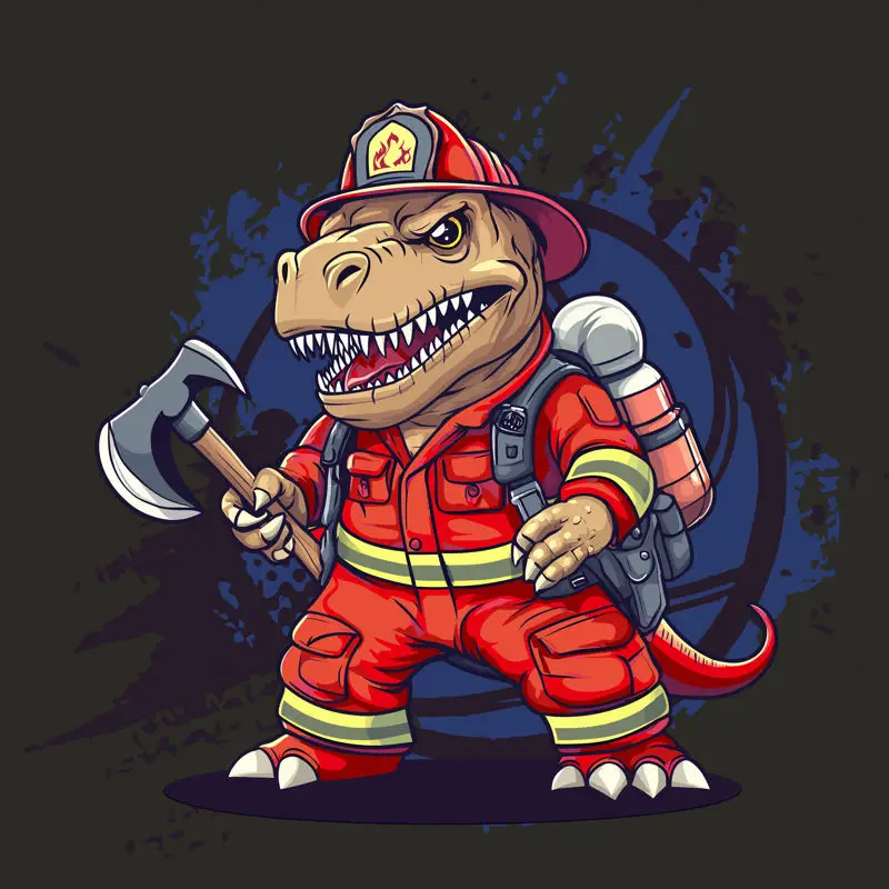 Cartoon strong tyrannosaurus dinosaur holding fire axe firefighter vector illustration