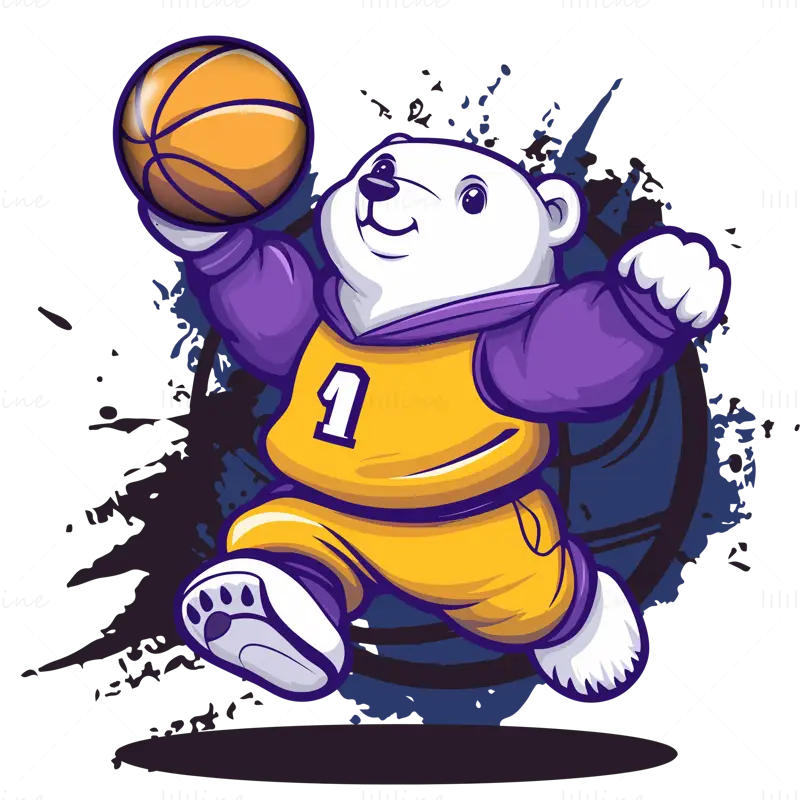 Cartoon strong white bear playing basketball yellow and purple vector illustration