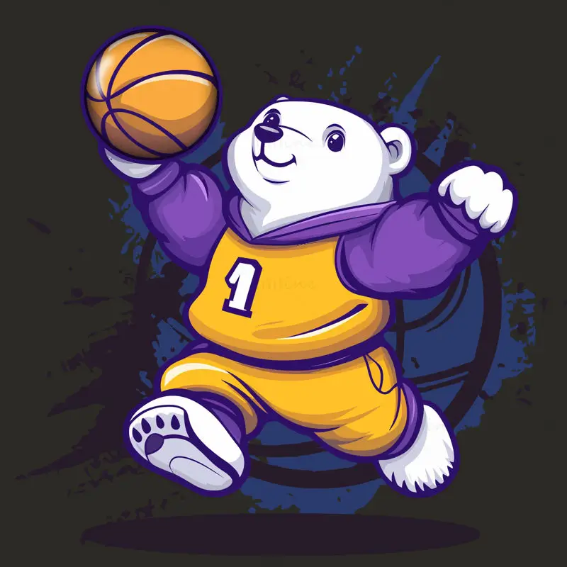 Cartoon strong white bear playing basketball yellow and purple vector illustration