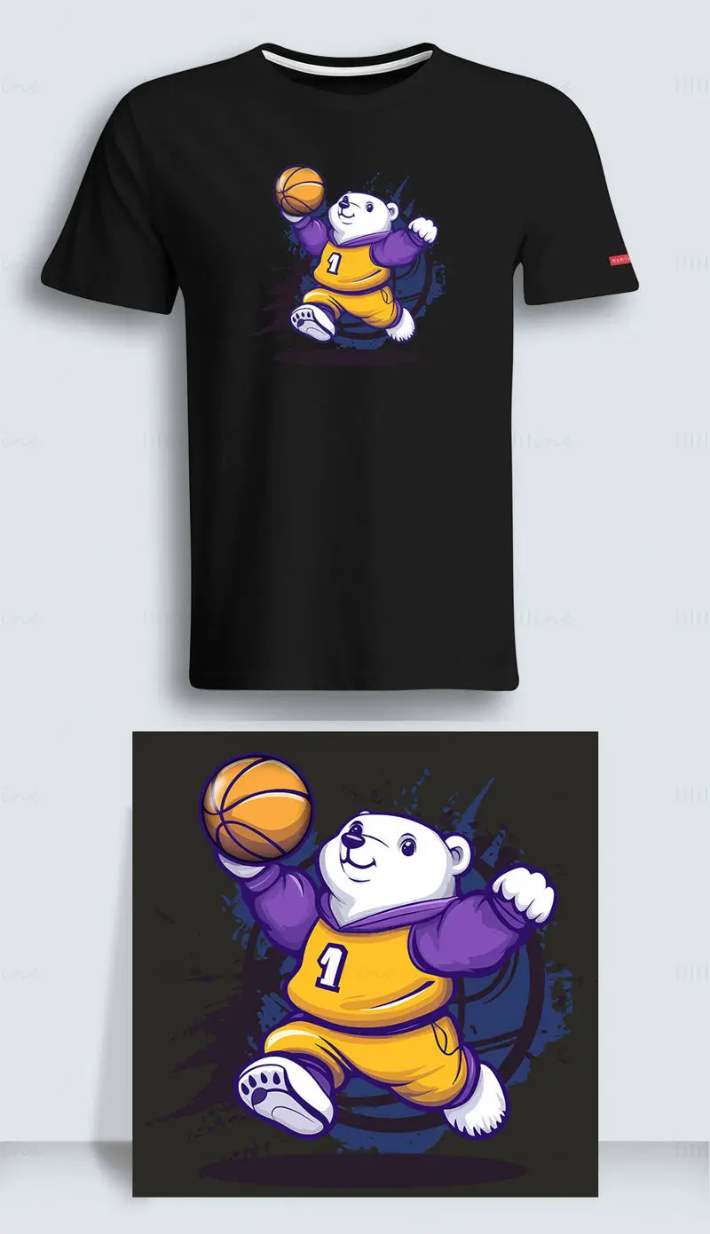 Cartoon strong white bear playing basketball yellow and purple vector illustration