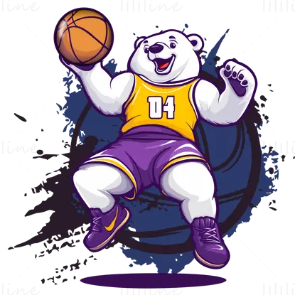 Urso branco de desenho animado jogando basquete com ilustração vetorial de tênis amarelo e roxo