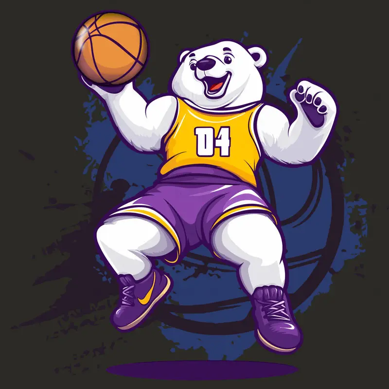 Cartoon white bear playing basketball with yellow and purple sneakers vector illustration