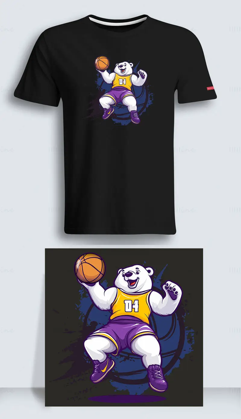 Cartoon white bear playing basketball with yellow and purple sneakers vector illustration