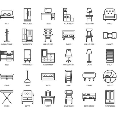 Икони за линия за мебели AI Vector