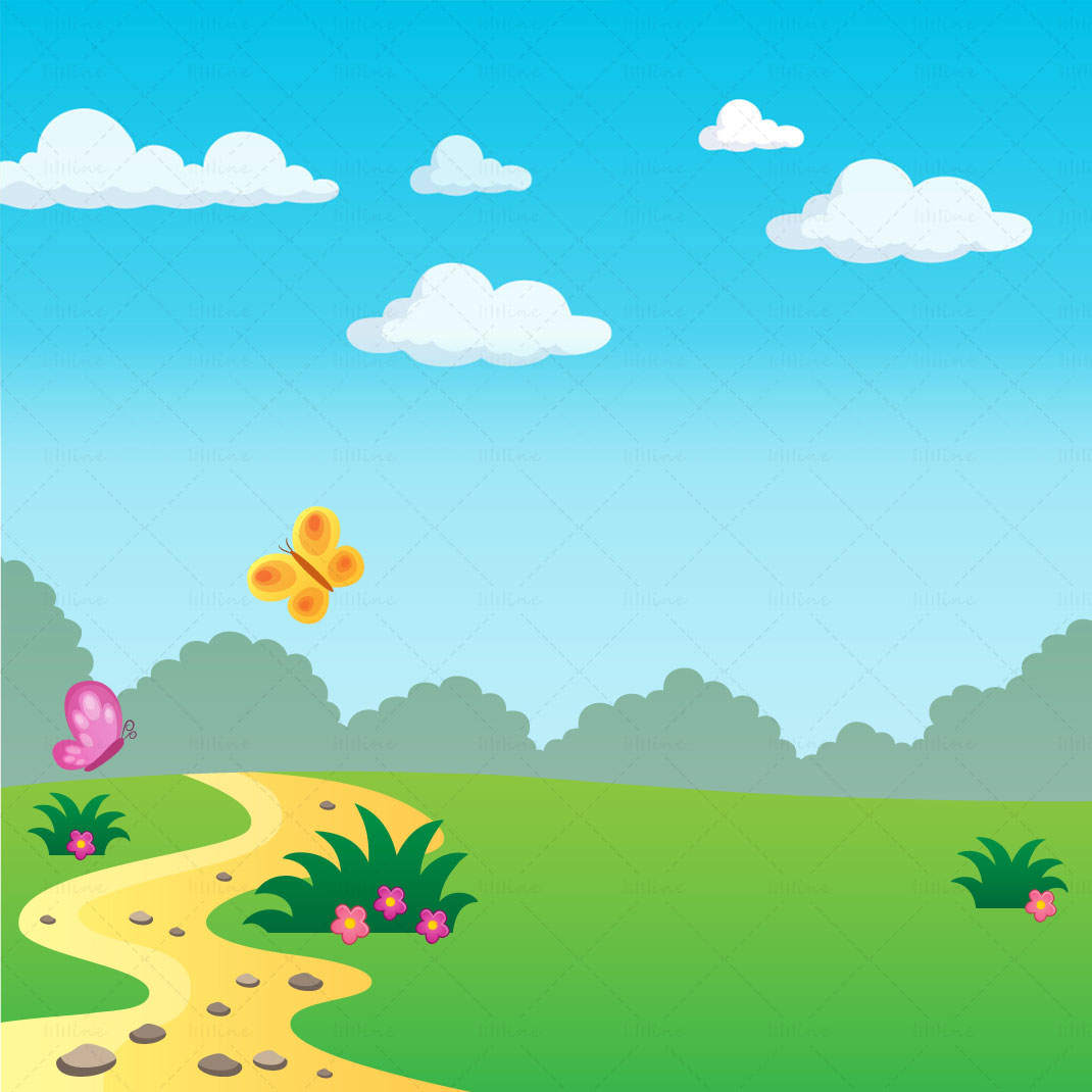 Cartoon Blue Sky Green Grass White Cloud ai vector