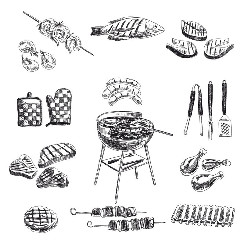 Vettore dipinto a mano AI degli elementi di progettazione del barbecue