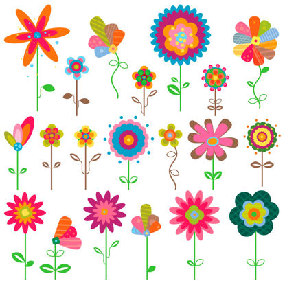 Çizgi Film Desen Renkli Çiçekler Grafik AI Vektör