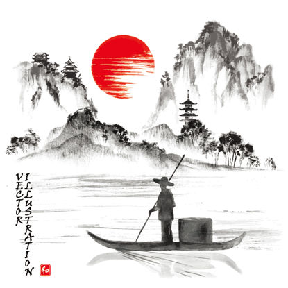 لوحة حبر كلاسيكية صينية أنيقة هادئة