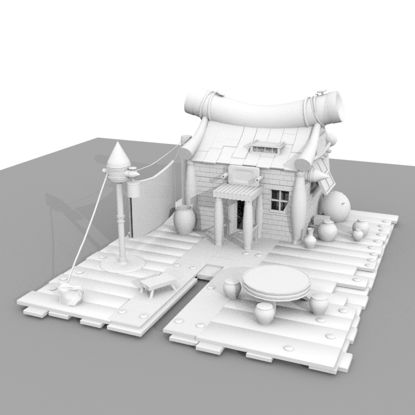 Cartoon Hut Courtyard 3D Model