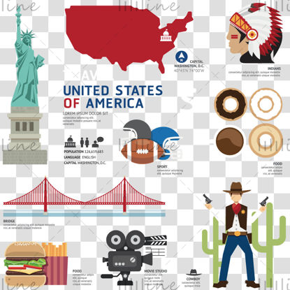 Америка карта Статуята на свободата на индианците Ръгби Голдън Гейт Bridge каубой Vector AI