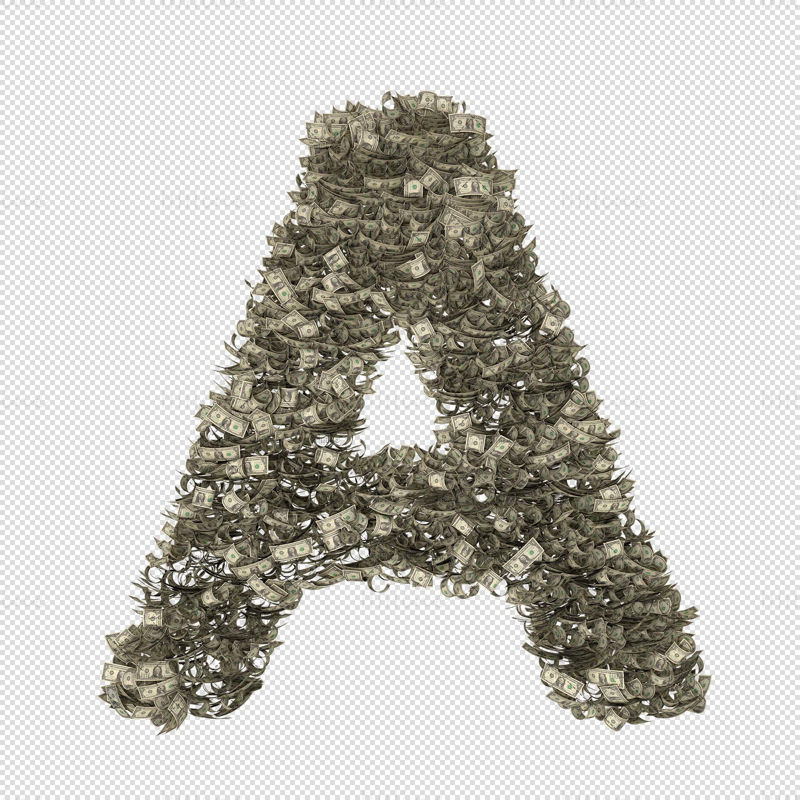 Dinheiro em USD letras do alfabeto em dólares transparentes.