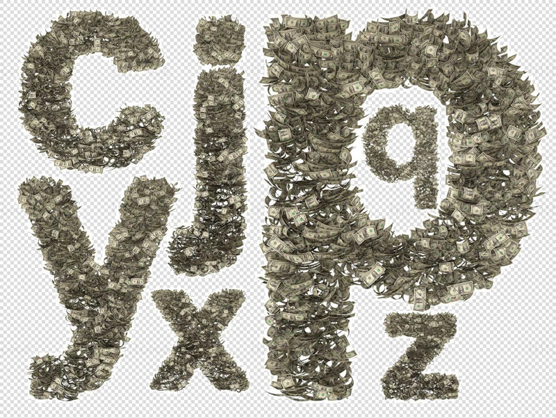 Dinheiro em USD letras do alfabeto em dólares transparentes.