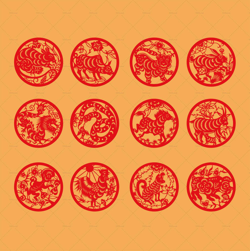 Chinese traditional zodiac paper-cut art vector elements