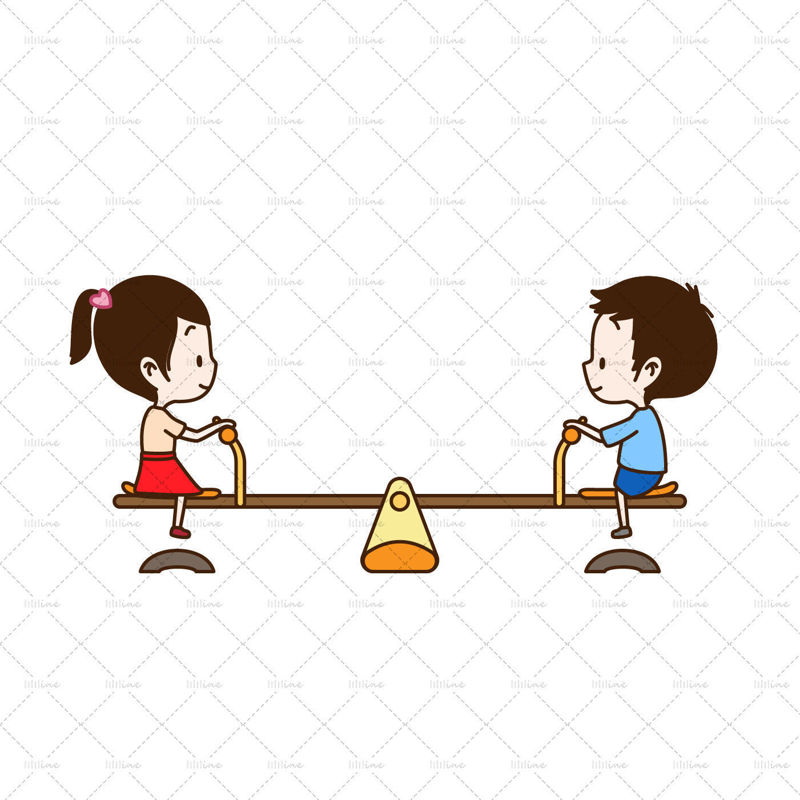 Children riding a wooden horse seesaw swinging rope skipping AI vector layered