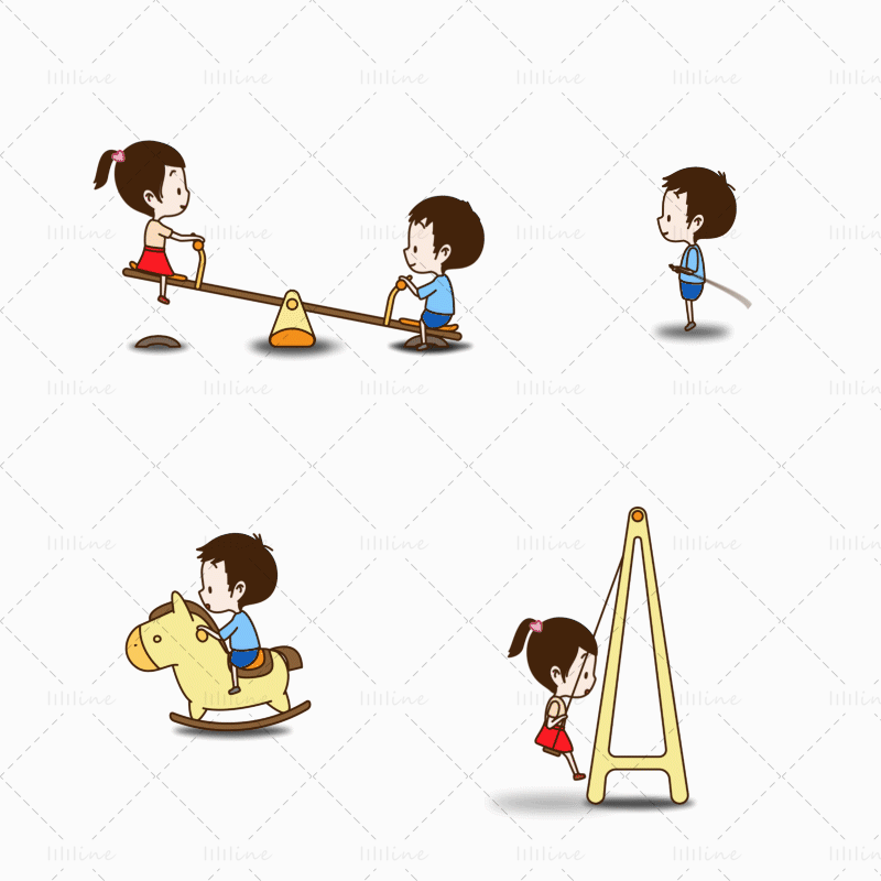 Children riding a wooden horse seesaw swinging rope skipping GIF loop animation