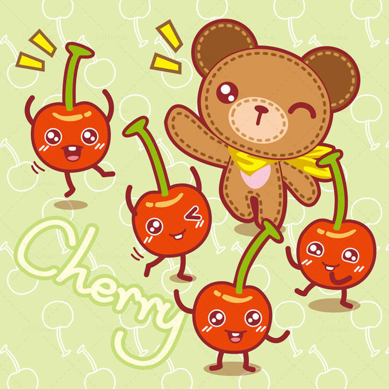 Cartoon fruit, cartoon cherry, cartoon bear, teddy bear, illustrator vector eps
