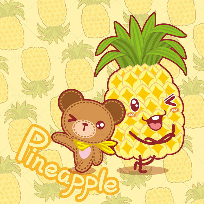 Cartoon fruit, cartoon pineapple, cartoon bear, teddy bear, illustration vector eps