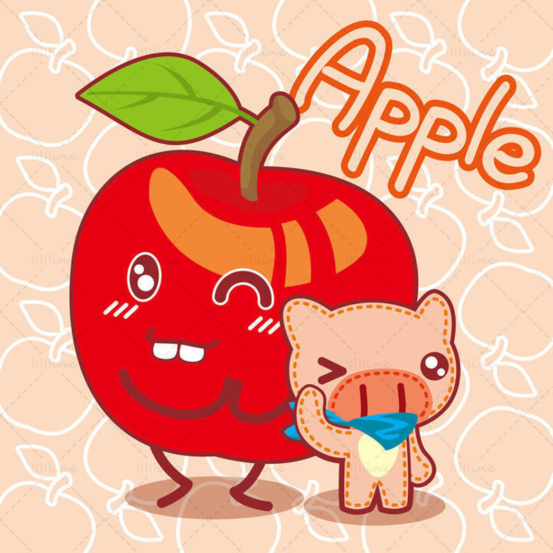 Cartoon fruit, cartoon apple, cartoon pig, big nose pig, illustration vector eps