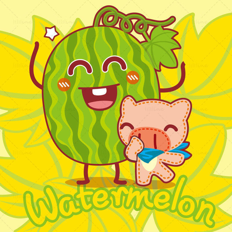 Cartoon fruit, cartoon watermelon, cartoon pig, big nose pig, illustration vector eps
