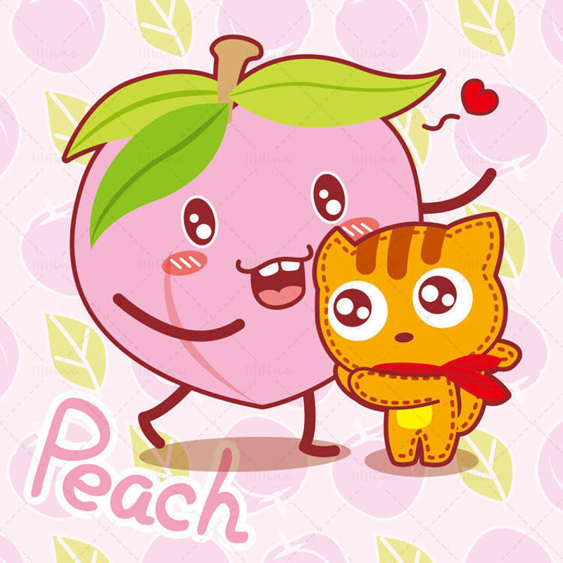 Cartoon fruit, cartoon peach, cartoon cat, yellow humiliation, illustration vector eps