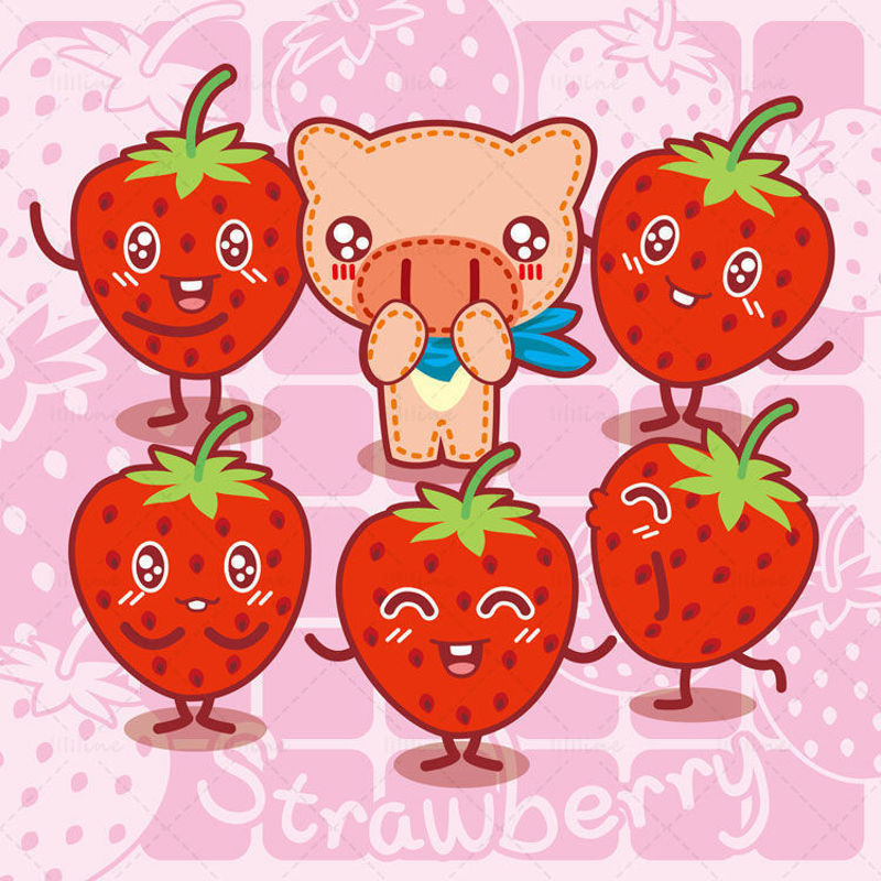 Cartoon fruit, cartoon strawberry, cartoon pig, big nose pig, illustration vector eps