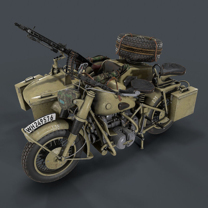 German motorcycle with sidecar WW2 3d model