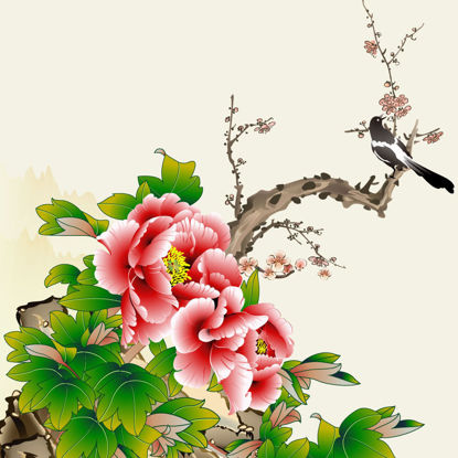 Traditional Chinese Realistic Painting Peony Magpie Graphic AI Vector