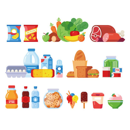 食物产品包装的烹饪产品，零食，蔬菜，奶油，鸡蛋包平面矢量图