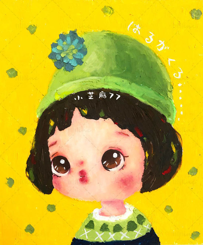Hand drawn illustration-cute little girl with oil pastel