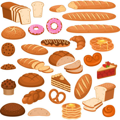 cartoon bread, cake bread, wheat products, rye bread, bread, pretzel, cake, horn bag, cake vector