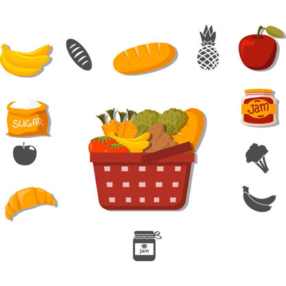 Food basket, fruit, bread, vegetables vector